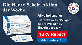 Die Henry Schein Aktion der Woche: Alkoholtupfer, getraenkt mit 70 %igem Isopropylalkohol, einzeln verpackt